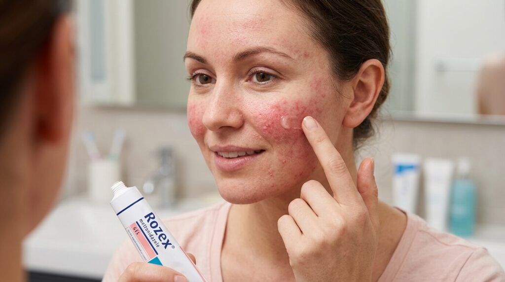 Une femme appliquant délicatement son gel ou sa crème Rozex sur les zones rouges de ses joues.