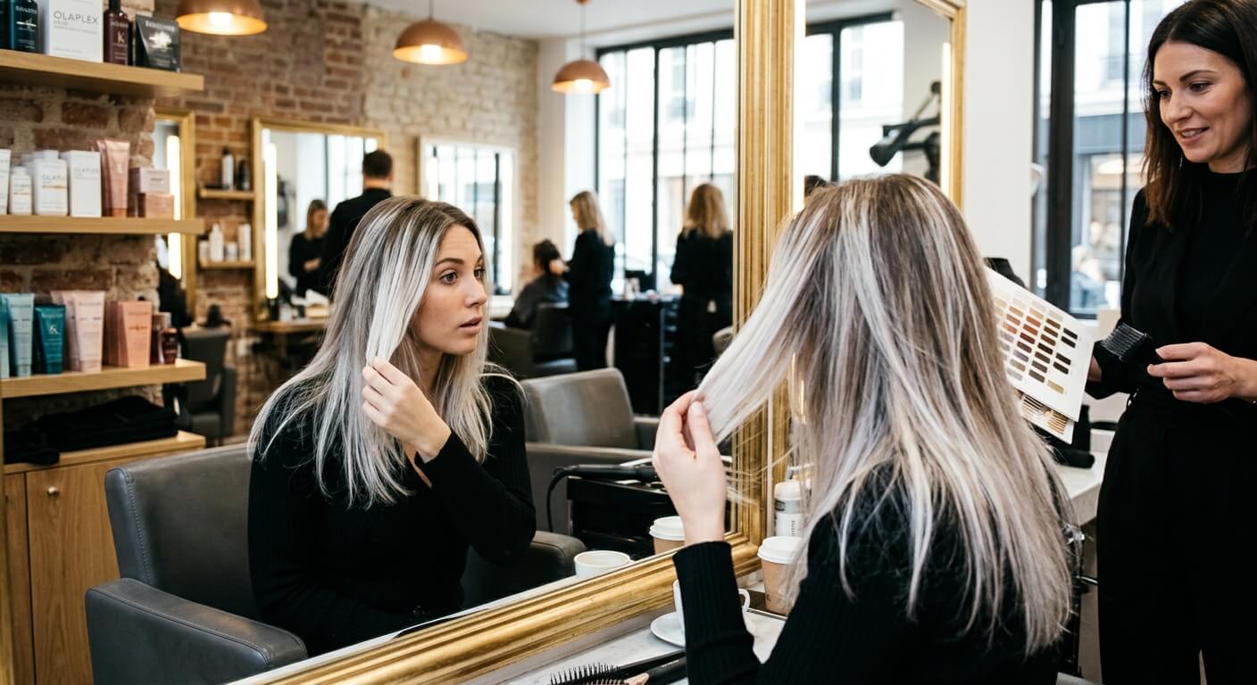 Une femme observant sa chevelure chez le coiffeur, constatant des mèches décolorées tirant sur le blanc polaire.