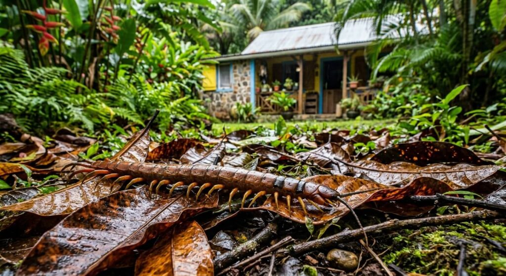 Un scolopendre se déplaçant sur des feuilles mortes humides dans le jardin d'une maison aux Antilles.