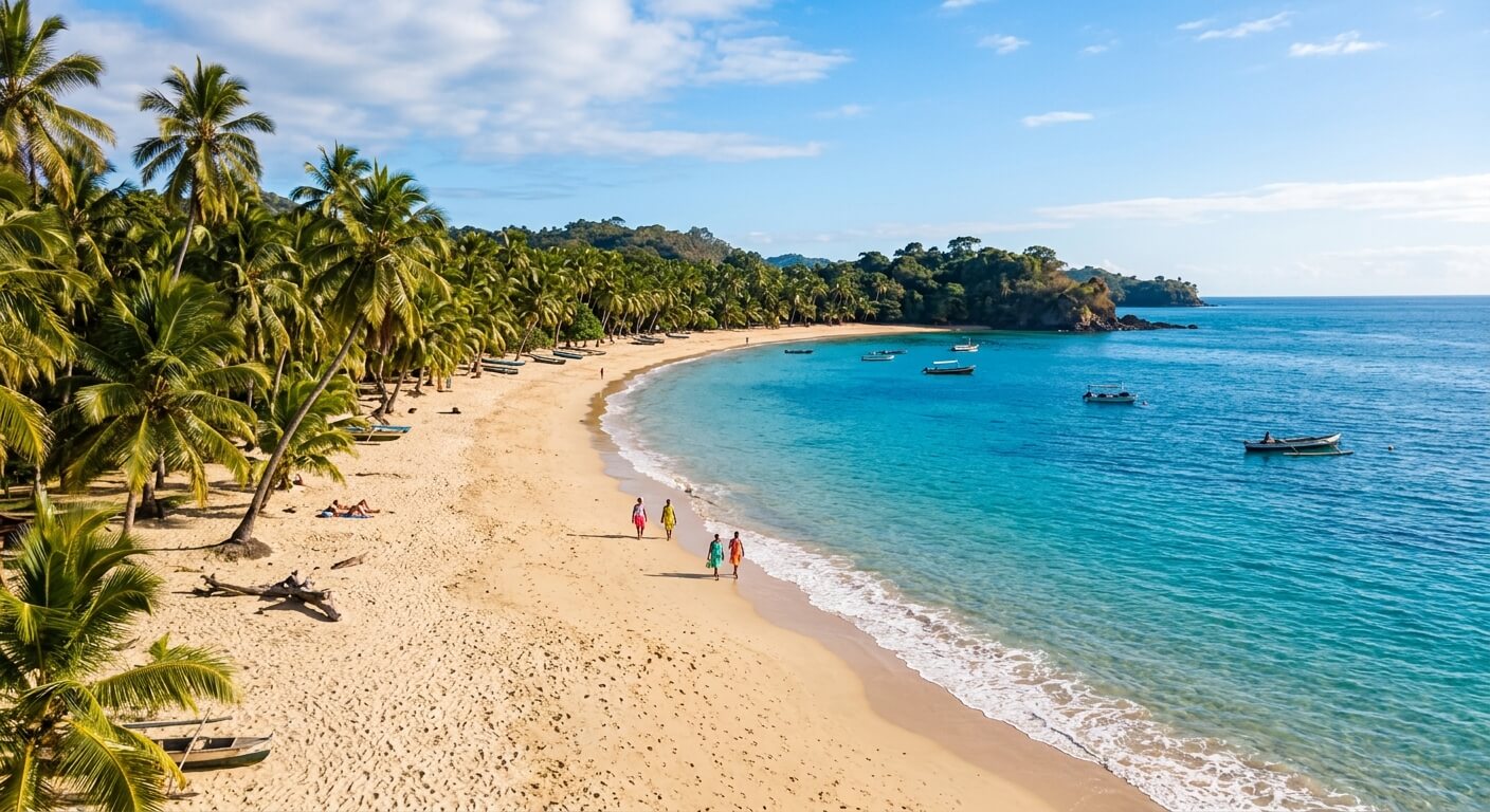 Une magnifique plage de sable fin bordée de palmiers à Nosy Be, illustrant la beauté de l'île.