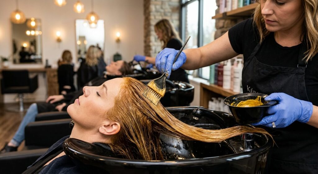 Comment redorer des mèches trop blanches : solutions et patines 3 Application au pinceau d'un soin repigmentant ou d'une patine dorée sur les racines et les longueurs au bac à shampoing.