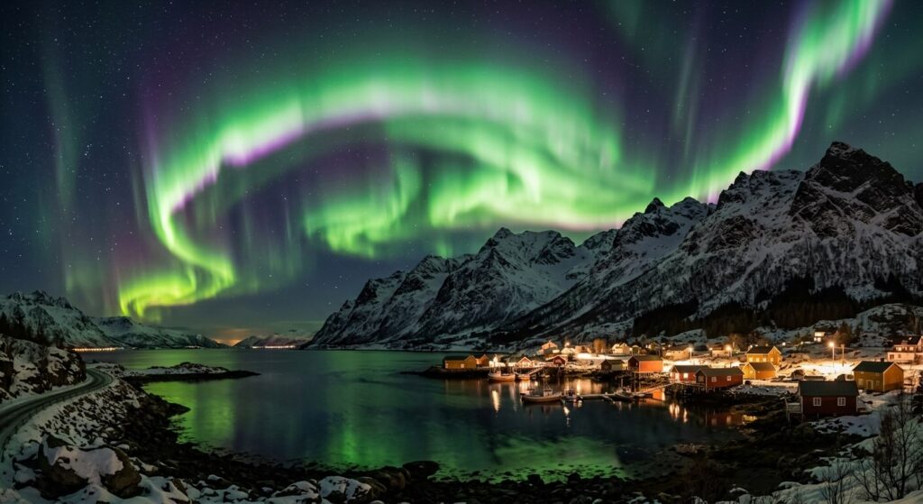 Aurore boréale verte et violette au-dessus d'un fjord arctique près de Tromsø en Norvège