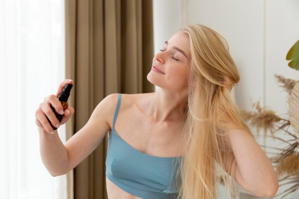 Une personne vaporisant délicatement son parfum sur les points de pulsation de son cou le matin.