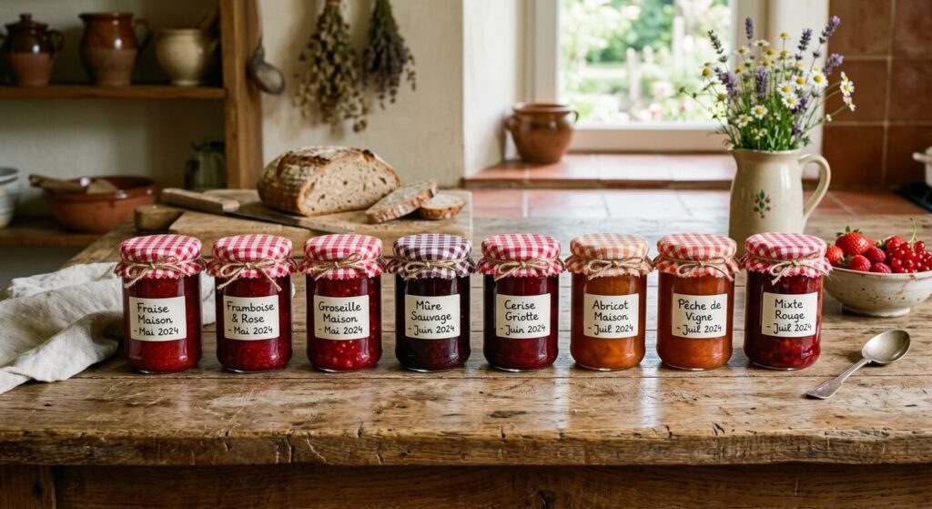 Agar-agar dans la confiture : dosage, utilisation et erreurs à éviter 3 Plusieurs pots de confiture maison à la consistance parfaite alignés sur une table de cuisine rustique.