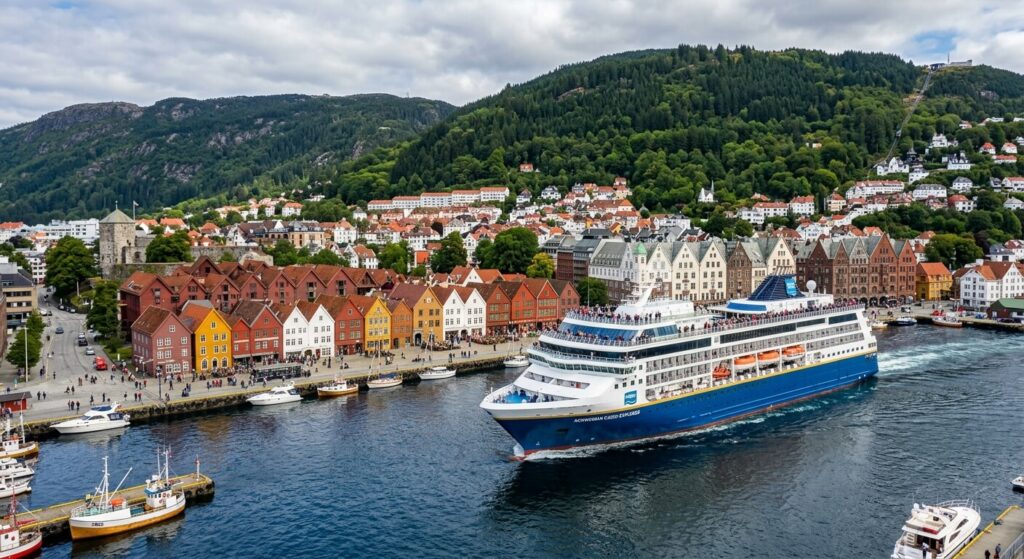 Un navire de croisière quittant le port historique de Bergen pour entamer son voyage le long de la côte norvégienne.