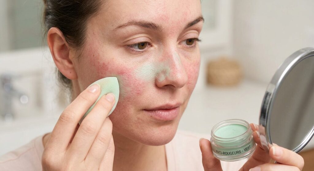 Utilisation d'un correcteur de couleur verte pour camoufler les rougeurs de la rosacée de façon douce.