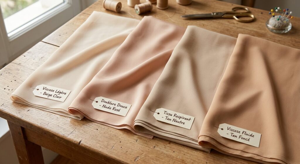 Comment doubler un pantalon transparent : astuces et solutions invisibles 3 Différents tissus de doublure légers en viscose et de couleur chair posés sur une table de couture.