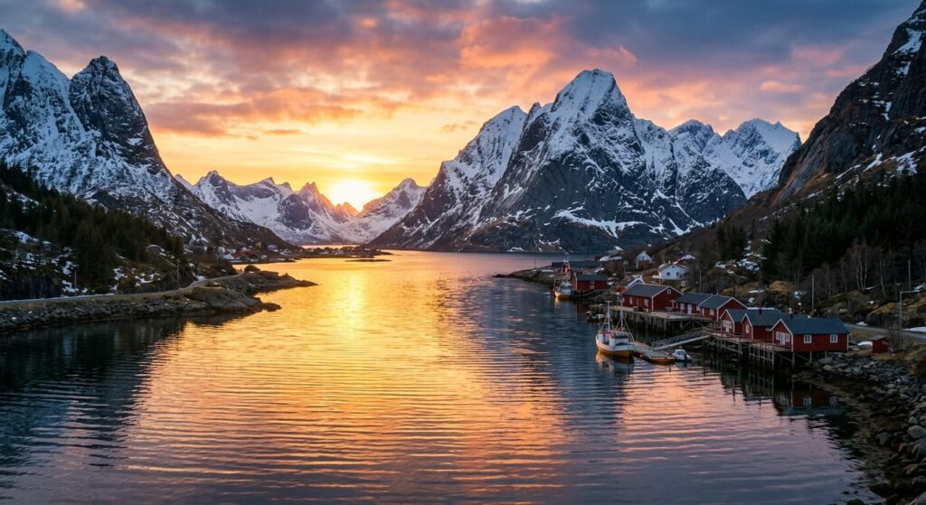 Fjord norvégien au coucher du soleil avec reflets dorés sur l'eau et sommets enneigés en arrière-plan