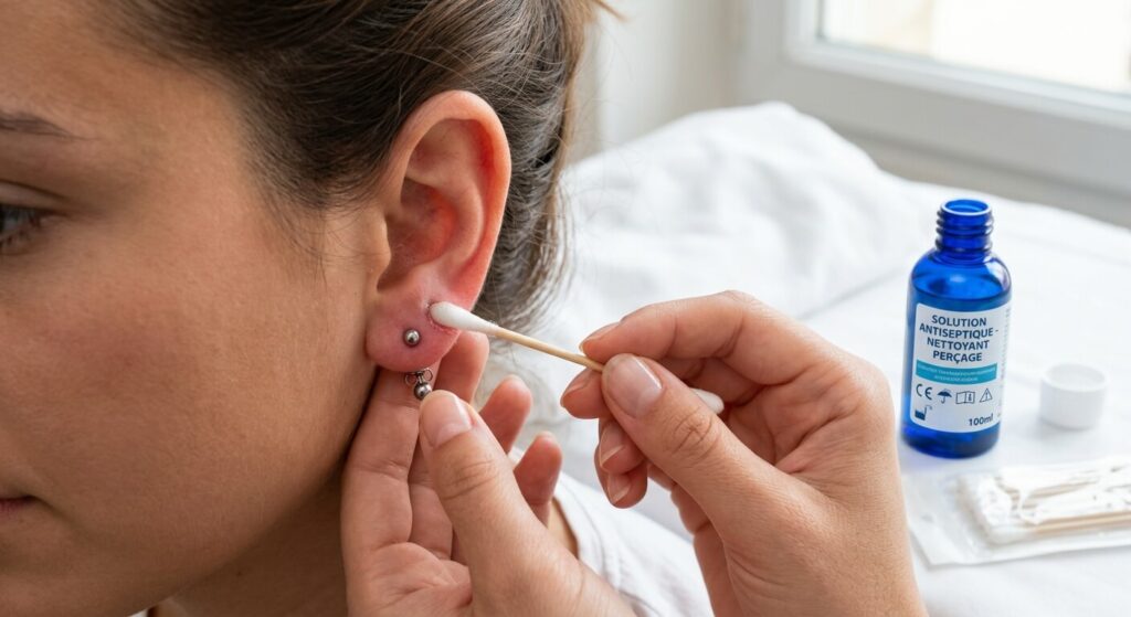 Application d'une solution antiseptique sur un lobe d'oreille percé à l'aide d'un coton-tige propre.