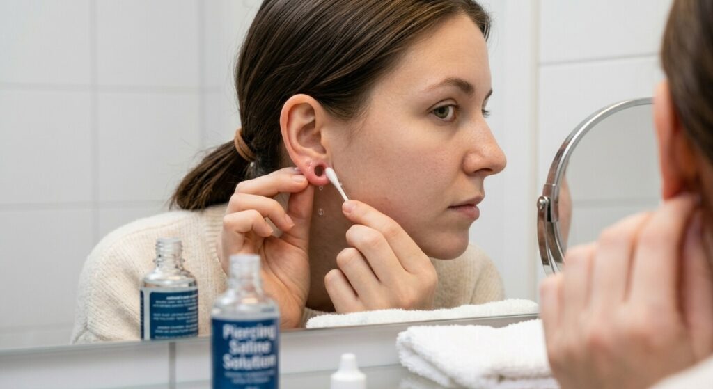 Une personne appliquant une solution saline sur son lobe d'oreille avec un coton-tige.