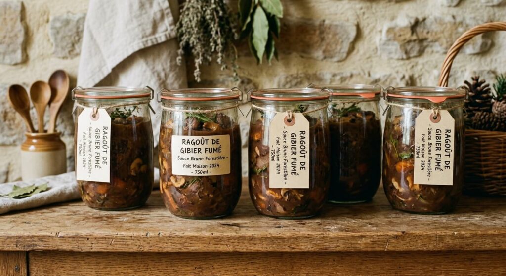 Plusieurs bocaux en verre hermétiques contenant un ragoût de gibier en sauce brune forestière.