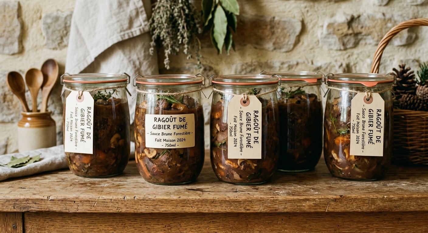 Plusieurs bocaux en verre hermétiques contenant un ragoût de gibier en sauce brune forestière.