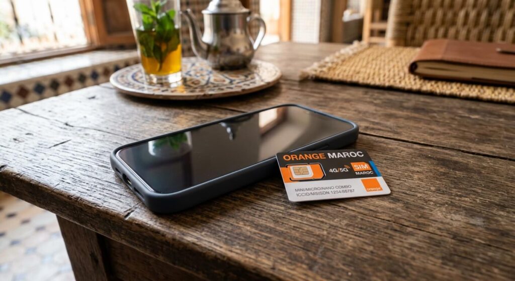 Une carte SIM marocaine posée à côté d'un téléphone portable sur une table.