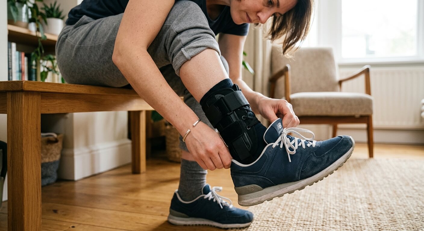 Une personne enfilant une basket souple et large par-dessus une attelle de cheville médicale.