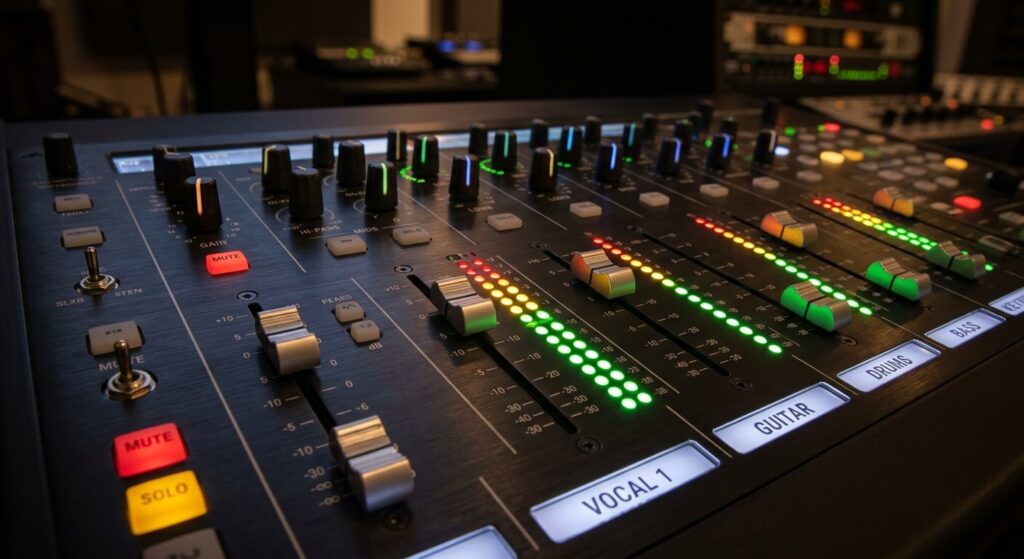 Les potentiomètres et les indicateurs lumineux de volume d'une table de mixage audio professionnelle.