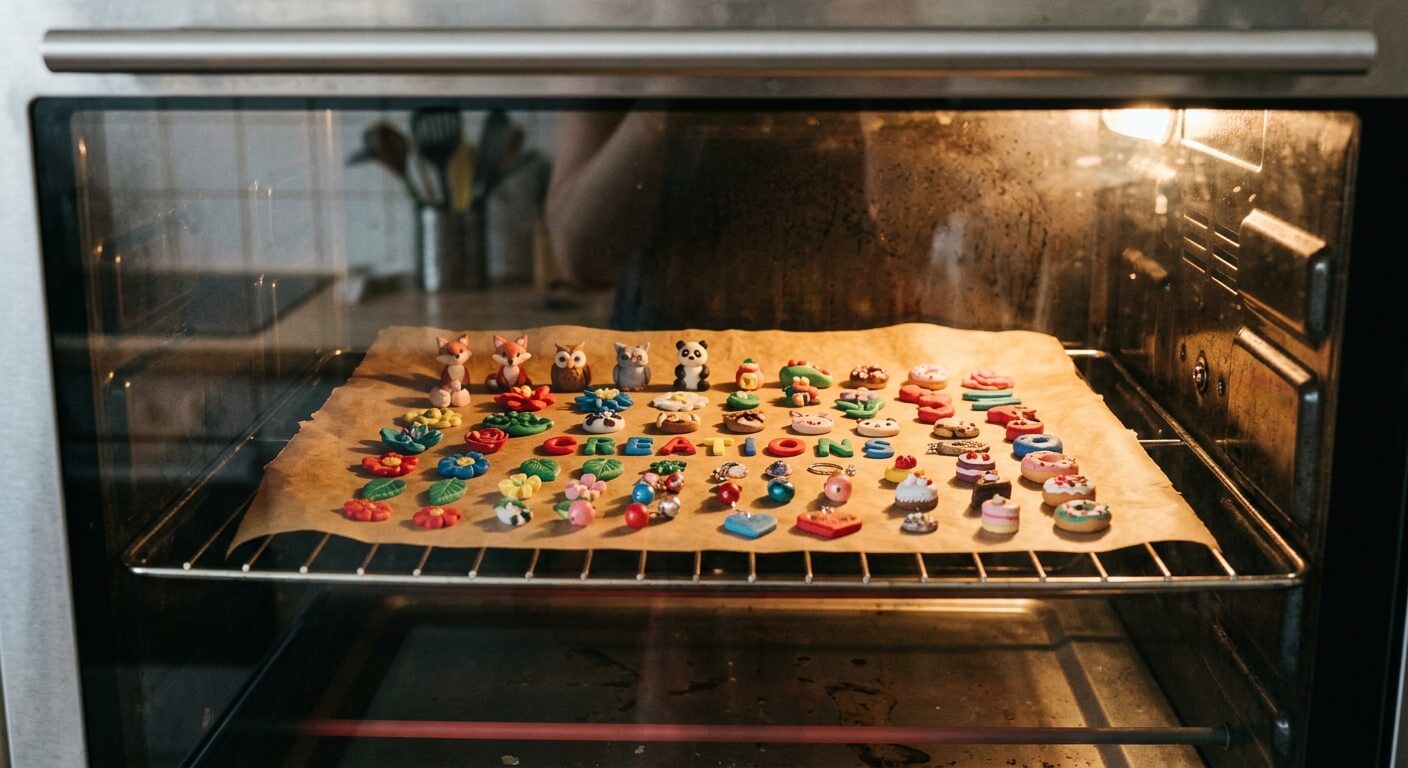 Des créations en pâte Fimo disposées sur du papier cuisson dans un four ménager.