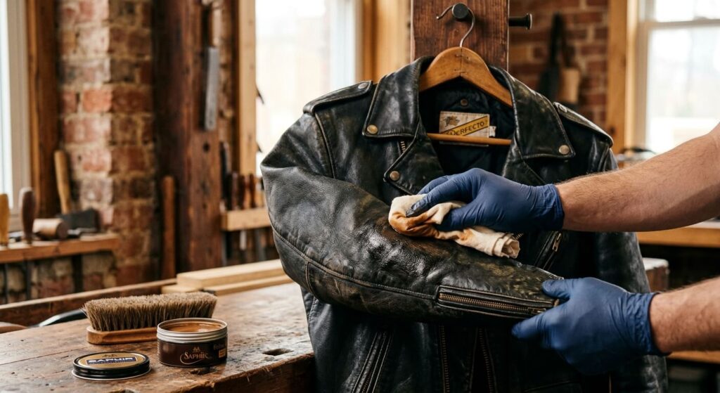Un blouson en cuir noir suspendu recevant un soin d'entretien pour nourrir la matière.