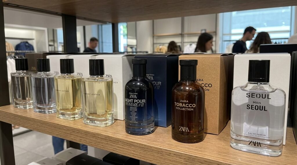 Dupe parfum Zara homme : la liste complète des équivalences 2 Flacons de parfum pour homme Zara alignés sur une étagère.