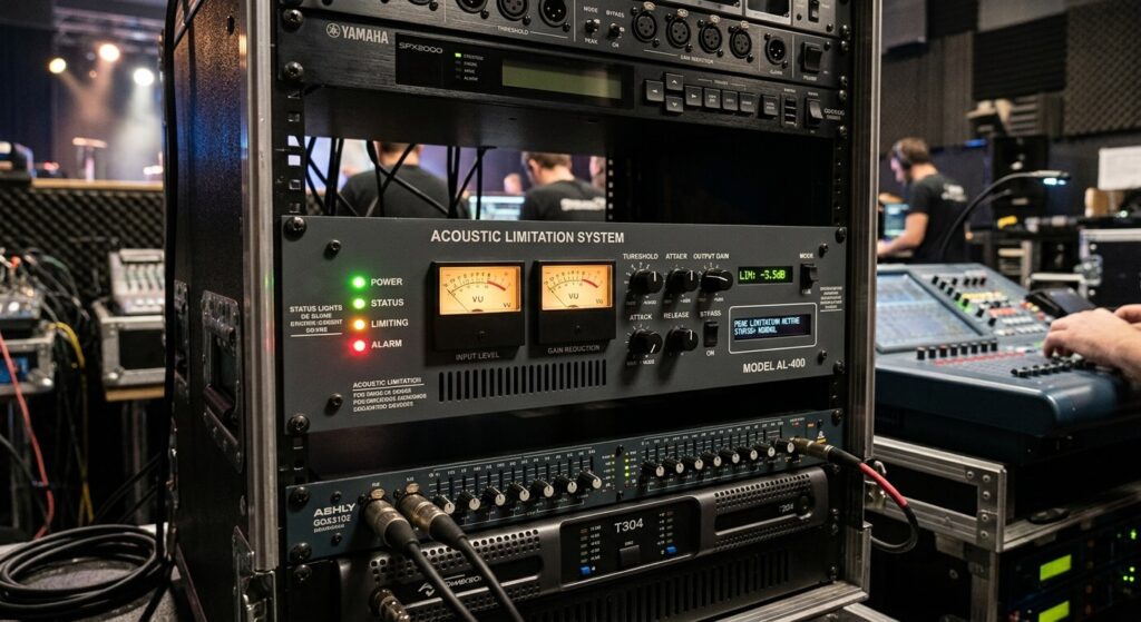 Un boîtier de limitation acoustique avec des voyants de contrôle installé dans un rack de sonorisation.