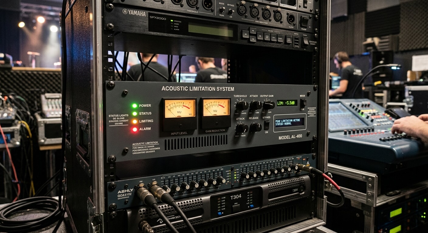 Un boîtier de limitation acoustique avec des voyants de contrôle installé dans un rack de sonorisation.