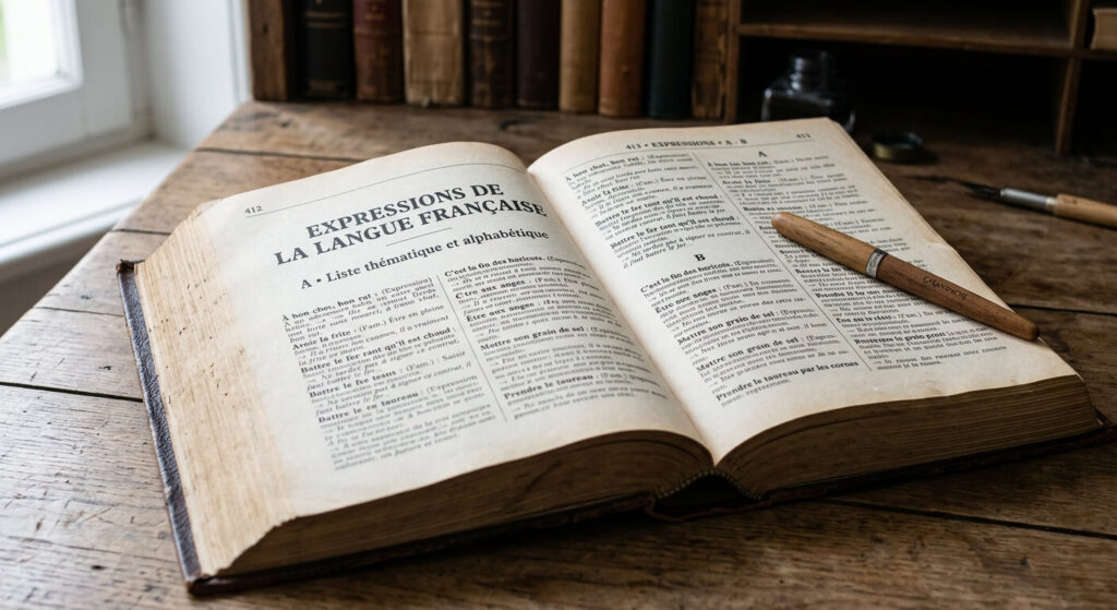 Un dictionnaire ouvert sur une page consacrée aux expressions de la langue française.