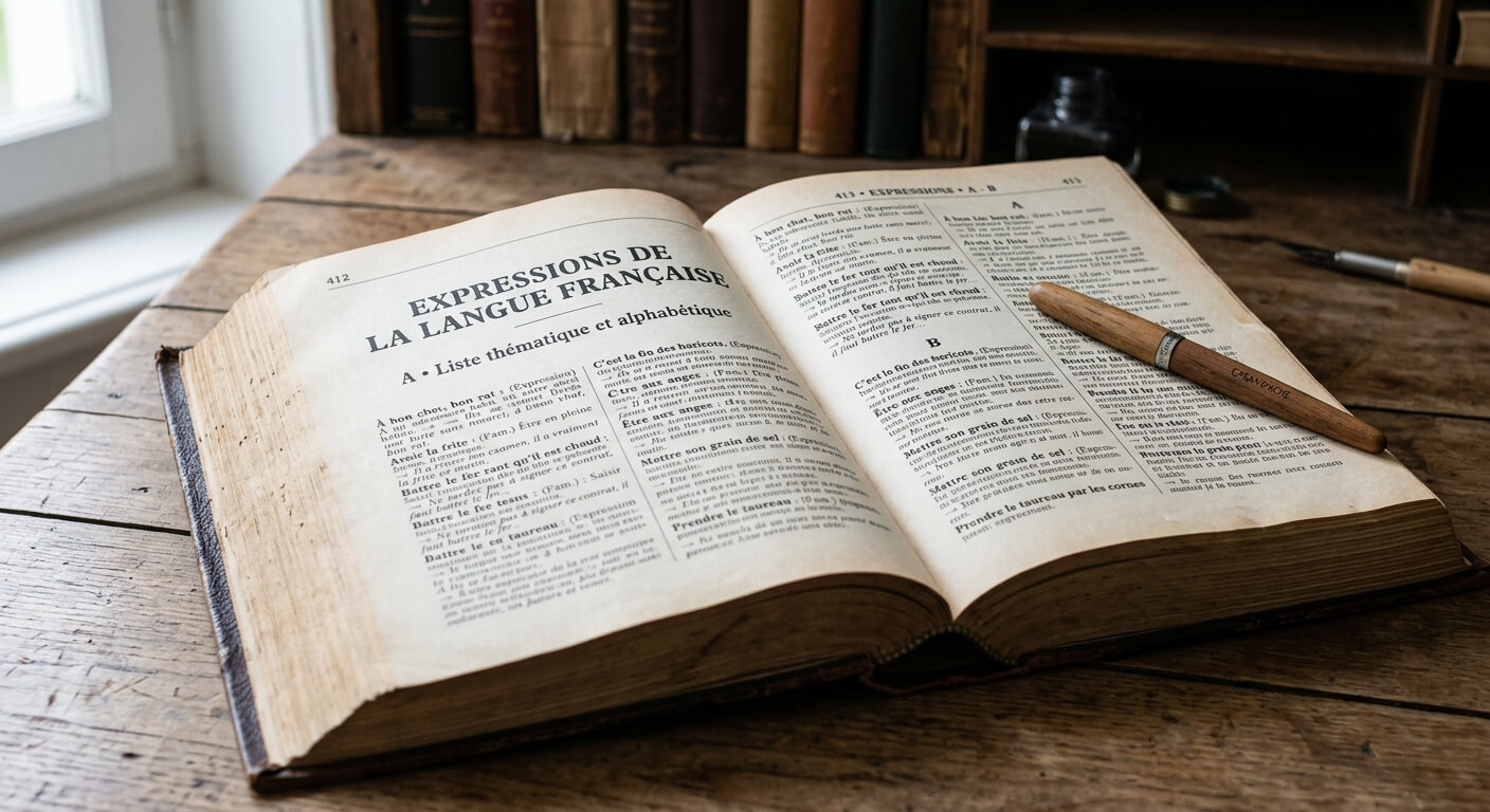 Un dictionnaire ouvert sur une page consacrée aux expressions de la langue française.