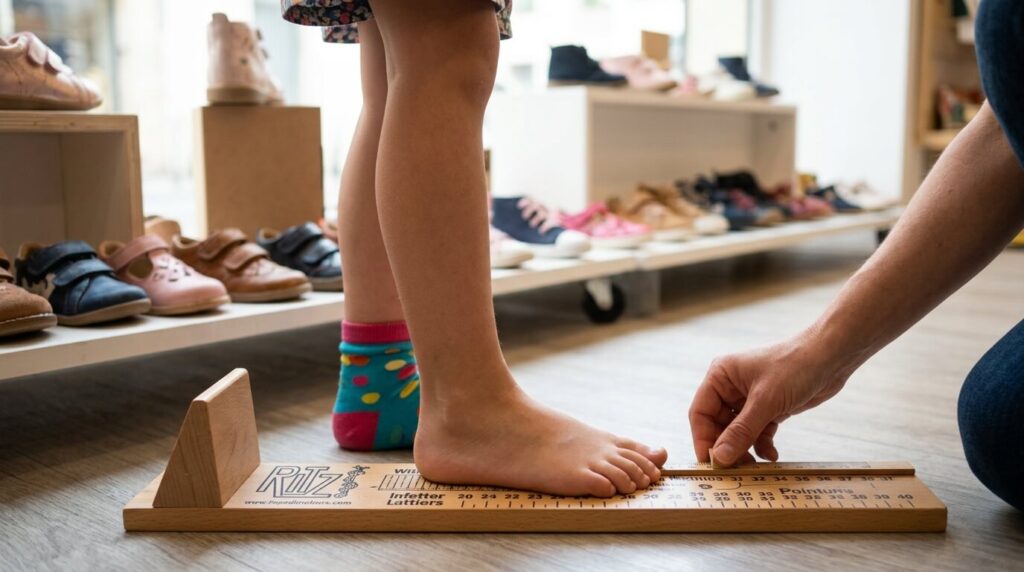 Kickers taille petit ou grand ? Le vrai repère à suivre 4 Un enfant posant son pied sur un pédimètre en bois pour mesurer sa pointure exacte avant l'achat.