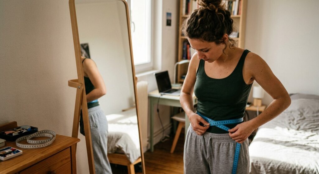 Une personne utilisant un ruban à mesurer en centimètres pour prendre ses mensurations.