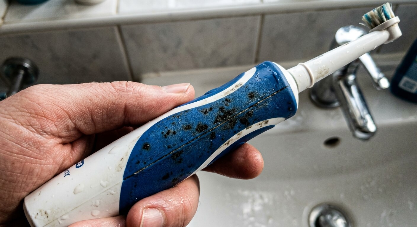 Des traces noires de moisissure incrustées sur les joints en caoutchouc d'un manche de brosse à dents électrique.