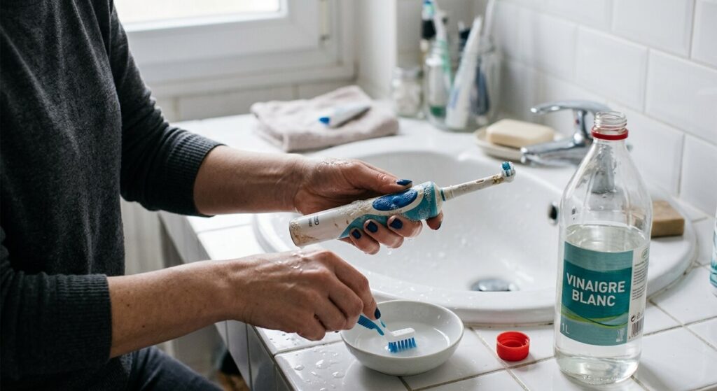 Moisissure sur le manche de brosse à dents électrique : comment nettoyer et désinfecter ? 3 Une personne frottant le corps d'une brosse à dents avec une petite brosse et du vinaigre blanc pour enlever le calcaire.