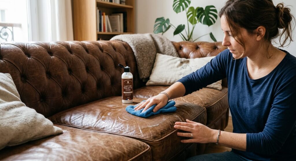 Une personne appliquant du lait de toilette sur un canapé en cuir marron avec un chiffon microfibre.