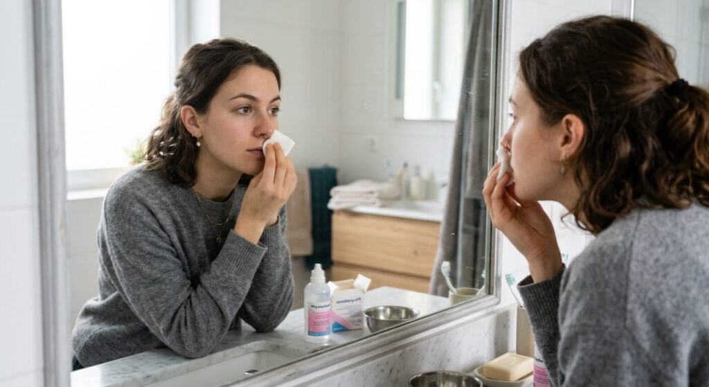 Comment bien désinfecter un piercing au nez ? 3 Une personne nettoyant délicatement son piercing de narine avec une compresse propre devant son miroir.