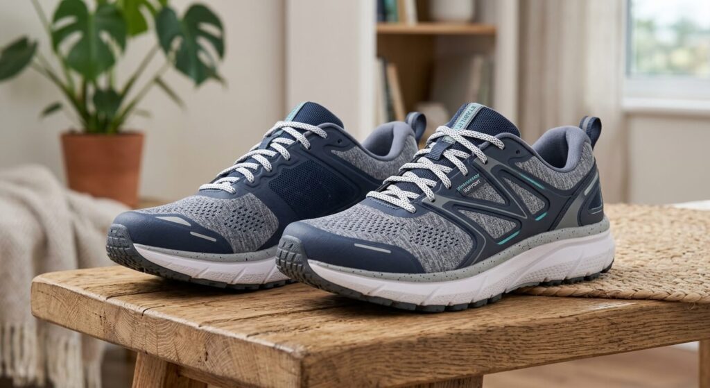 Une paire de chaussures de sport légères à lacets, idéales pour maintenir le pied après une blessure.