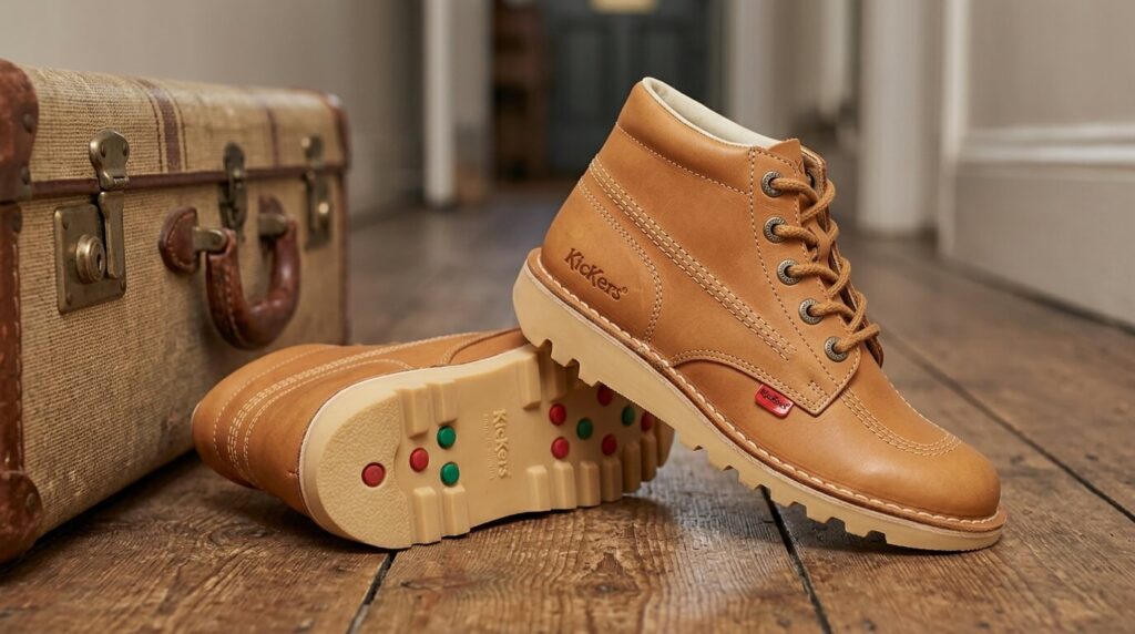 Kickers taille petit ou grand ? Le vrai repère à suivre 2 Une paire de bottillons en cuir Kickers classiques avec les fameuses pastilles rouge et verte sous la semelle.