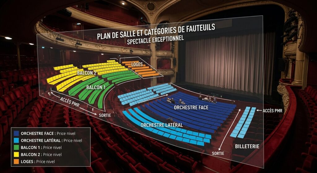 Plan de salle avec repérage des catégories de fauteuils pour un spectacle.