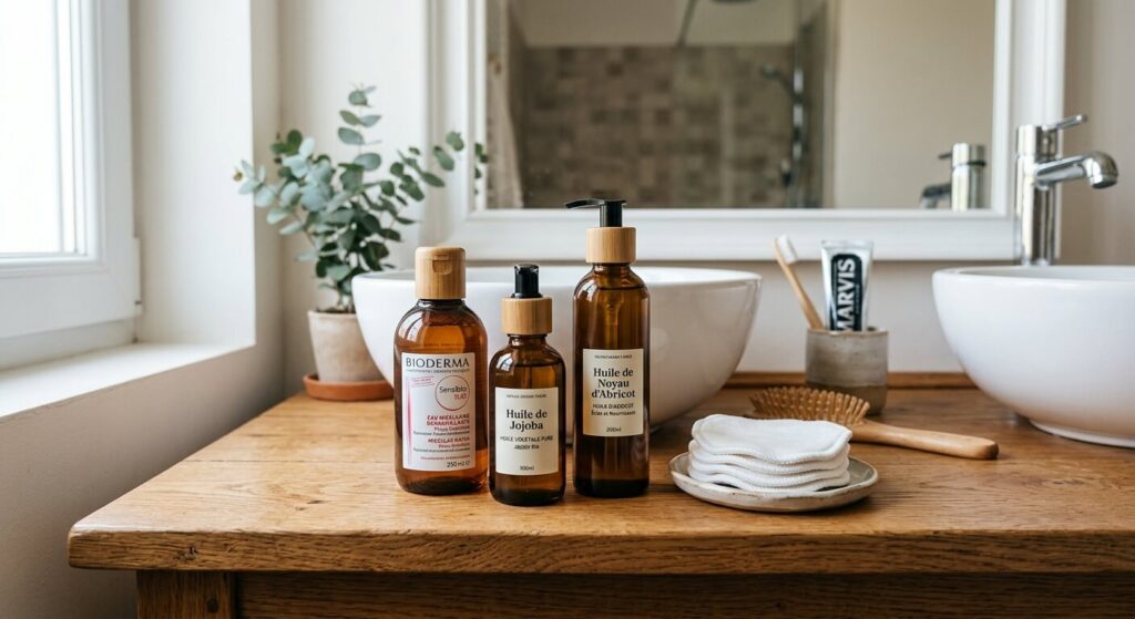 Comment enlever du faux sang sur la peau rapidement et sans irritation ? 3 Flacons d'eau micellaire, d'huile végétale et cotons réutilisables posés sur un meuble de salle de bain.