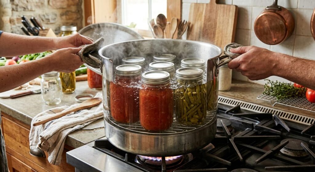 Un grand stérilisateur de cuisine en inox rempli d'eau bouillante abritant des bocaux de conserve.