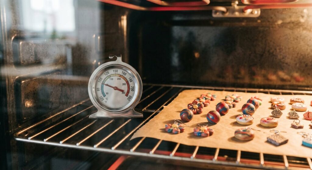Un thermomètre de four posé à côté de bijoux en pâte polymère en cours de cuisson.