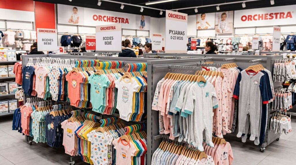 Des bodies et pyjamas pour bébé présentés sur des cintres chez Orchestra.