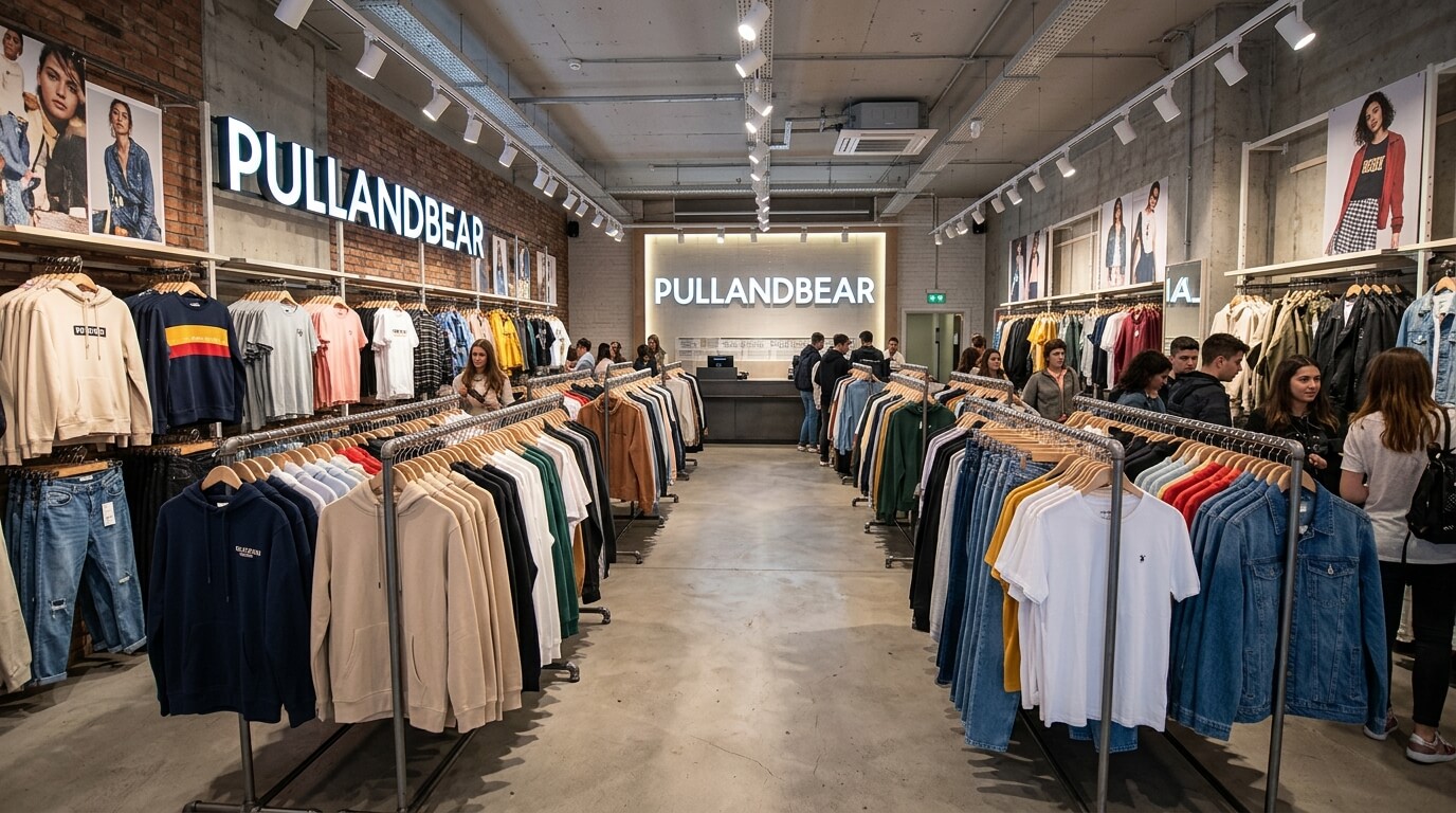 Des vêtements pour jeunes alignés sur des portants dans une boutique de mode Pull and Bear.