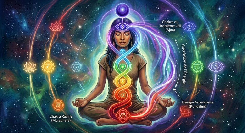 Illustration de la circulation de l'énergie entre le chakra racine et le chakra du troisième œil.