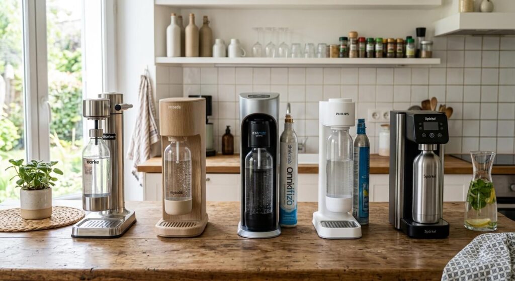 Plusieurs modèles de machines à gazéifier l'eau alternatives à SodaStream alignées sur un plan de travail.