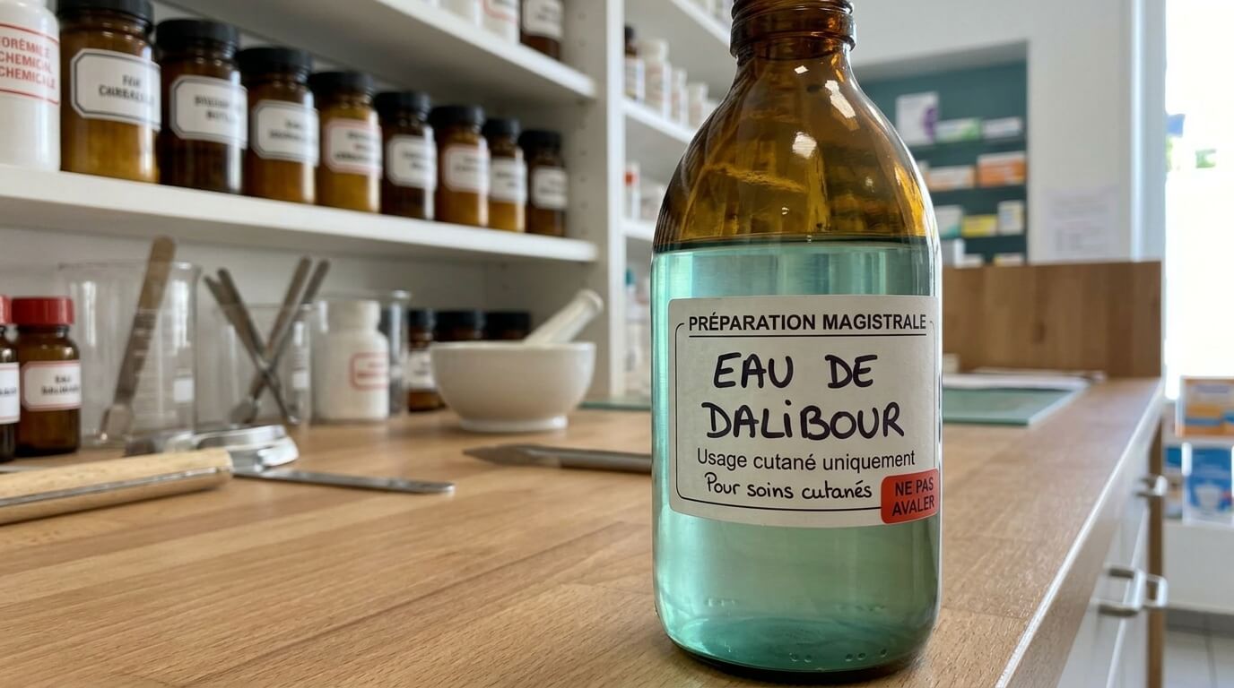 Flacon d'eau de Dalibour préparé en officine de pharmacie pour soins cutanés.