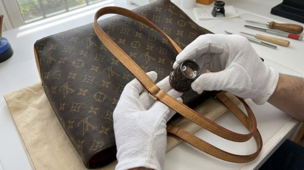 Durabilité des sacs cabas Louis Vuitton au quotidien : test et avis 3 Inspection des anses en cuir de vachette et de la toile enduite d'un sac de luxe.