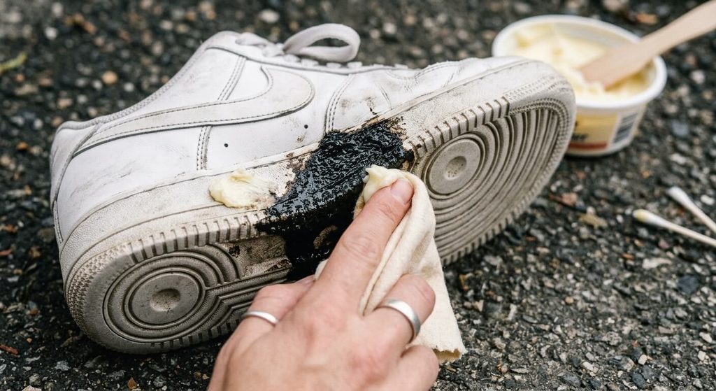 Application de beurre et frottement doux avec un chiffon pour dissoudre le goudron sur une chaussure.