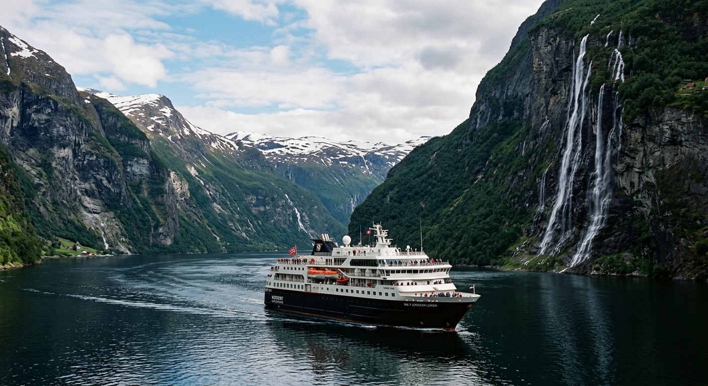 Navire de croisière à taille humaine naviguant au milieu d'un fjord escarpé.