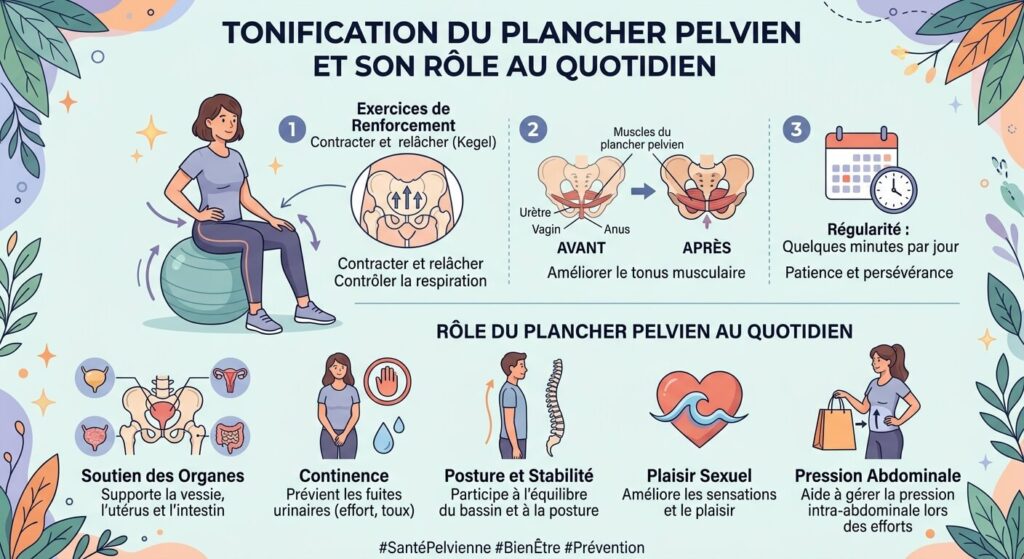 Schéma explicatif sur la tonification et le rôle du plancher pelvien au quotidien.