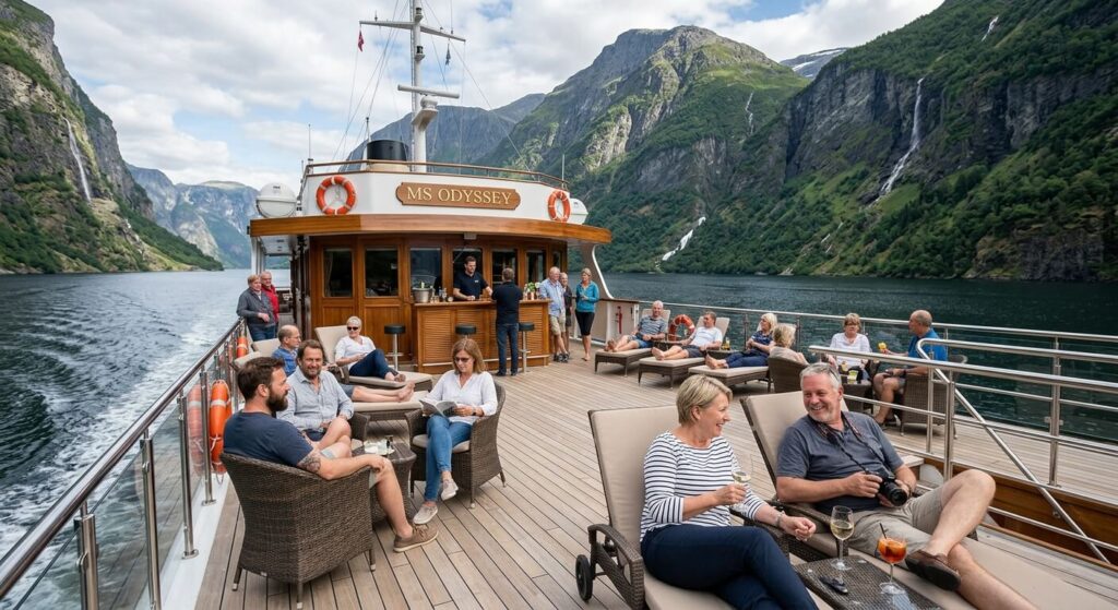 Passagers détendus sur le pont d'un navire de croisière à faible capacité.