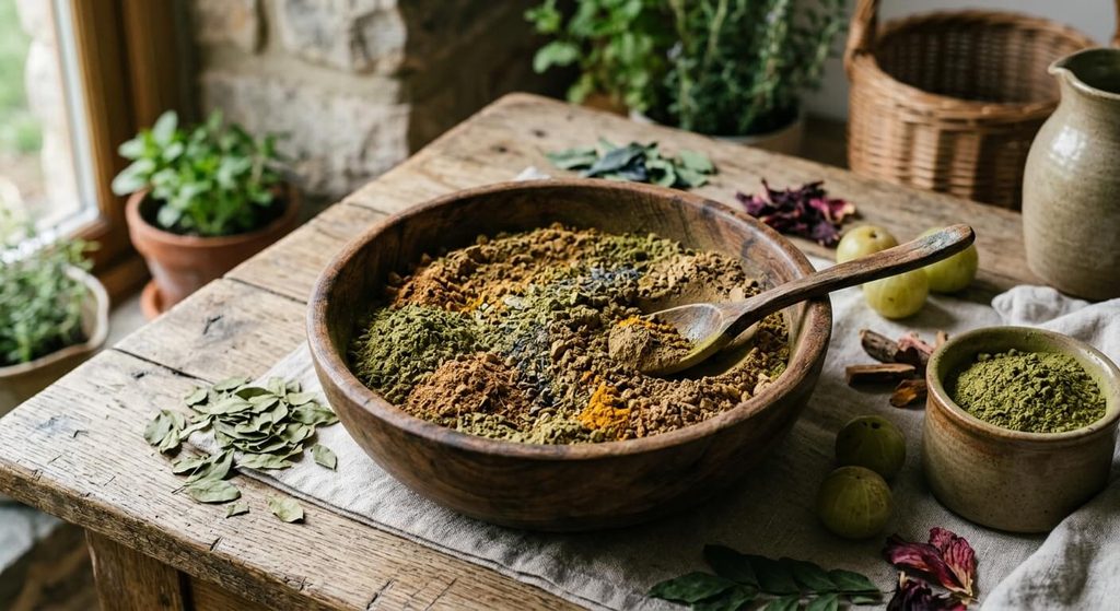 Mélange de poudre de henné végétal et de plantes tinctoriales dans un bol en bois.