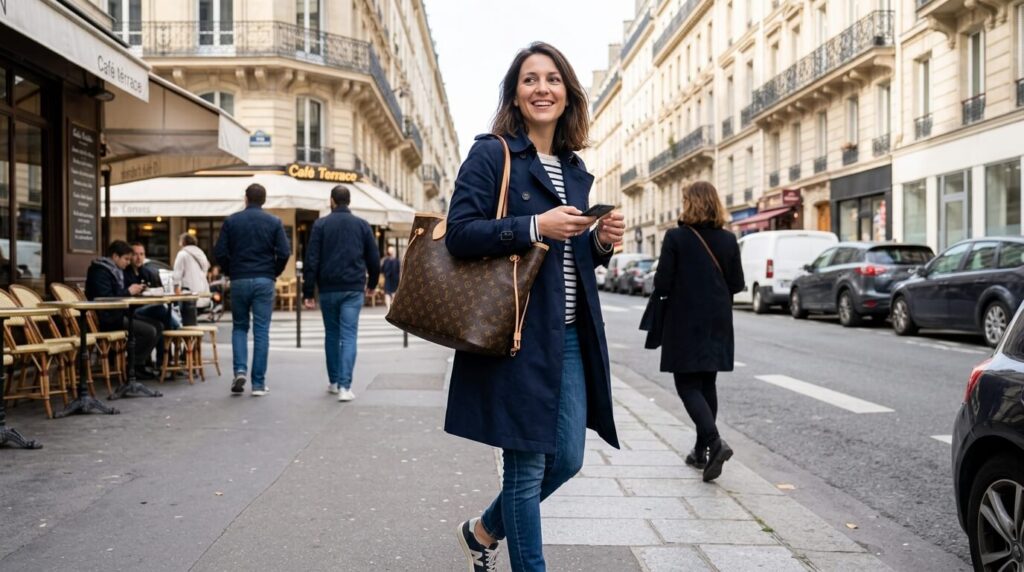 Durabilité des sacs cabas Louis Vuitton au quotidien : test et avis 2 Sac cabas Louis Vuitton Neverfull porté à l'épaule au quotidien par une femme.